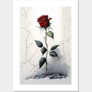 Single Red Rose Goth Gothic Style Watercolor Posters and Art